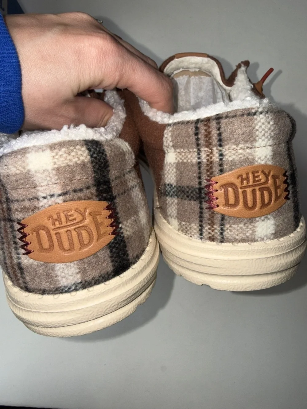 HEY DUDE $70 New Mens 13 Brown Casual Slip On Wally Cozy Plaid Shoes Box59